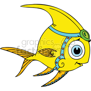The image is a colorful and humorous illustration of a yellow fish. The fish has a big eye with a prominent pupil, giving it a surprised or goofy expression. It's adorned with decorative patterns and lines on its body and fins, and it appears to have a small green accessory, possibly a hat or a bow, on its head. The fish's mouth is turned upwards, giving it a smiley appearance.