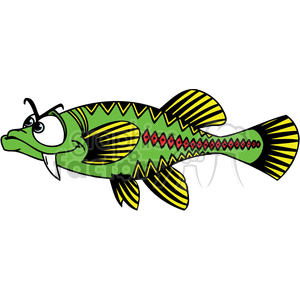 The clipart image displays a cartoonish fish that appears to be funny or comical in nature. The fish has exaggerated facial features, with big eyes and a pronounced underbite, adding to its quirky appearance. The body is predominantly green with yellow and black patterned fins and stripes, and a row of red diamond-shaped marks runs along its side.