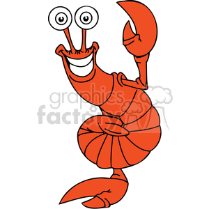 The image depicts a cartoon shrimp with anthropomorphic features. It has a large smiling mouth, two big eye stalks with bulging eyes, and is posed with one claw raised, giving a cheerful or triumphant impression.