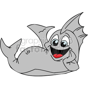 This clipart image features a whimsically styled fish with an exaggerated, cheerful expression. The fish is depicted in a playful pose, with its body tilted to one side, and a large, toothy grin. It has big round eyes, giving it a lively and amusing character.