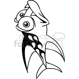 The image is a black and white clipart of a whimsical, caricatured fish with exaggerated features, particularly large eyes. The fish appears to have fins and tail pointing downward, giving the impression that it is swimming upward.
