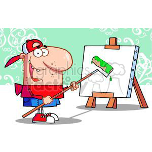 This is a colorful clipart image depicting a cartoon character painting on an easel. The character is using a paint roller to apply a swath of green paint to a blank canvas. The character is wearing a red cap worn backwards, red shoes, and a red shirt