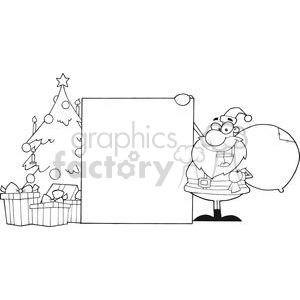 Outline-Santa-Claus-Presenting-A-Blank-Sign-With-Christmas-Tree
