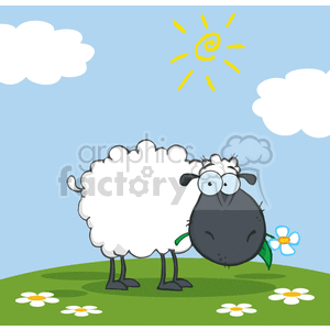 The clipart image features a playful and humorous take on a sheep or lamb. The sheep's body is mostly white with fluffy wool, while the head is comically depicted with a contrasting black color, large googly eyes, and a humorous expression, suggesting it might be a quirky or cartoonish version of a lamb. The lamb is standing on a green hill with white flowers around it. Above is a blue sky with a few white clouds and a whimsically drawn yellow sun.