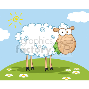 This clipart image features a humorous and cartoonish depiction of a sheep standing on a grassy hill. The sheep has a large, round, fluffy white body with curly lines to suggest wool. It has a prominent, somewhat exaggerated head with large, goofy eyes, and a big tan snout with a comical expression. The sheep is chewing on a green leaf, protruding from its mouth. The background consists of a blue sky with a few small clouds and a stylized yellow sun. The ground is green with a few white daisies scattered around.