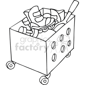 Black and white outline of a toy box with toys