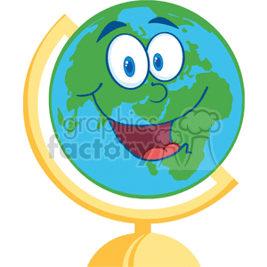 The clipart image shows a cartoon representation of the Earth with a face, featuring large, friendly eyes and a wide, open-mouthed smile. The Earth cartoon character is placed on a simple golden-colored stand that suggests it is a globe on a stand.