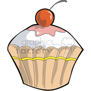 This clipart image depicts a stylized cupcake with a cherry on top. The cupcake has a drizzle of pink icing and is wrapped in a crinkled cup wrapper with a yellow stripe.