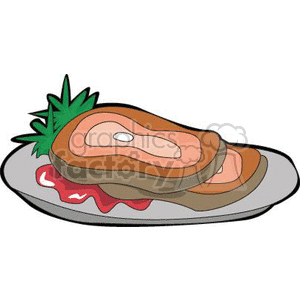 The clipart image depicts a slab of cooked meat, such as a ham steak, garnished with a leafy herb, like parsley, sitting on a plate with some sliced vegetables, possibly tomatoes, underneath it.