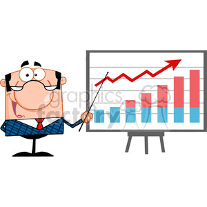 Clipart of Happy Business Manager With Pointer Presenting A Progressive Chart