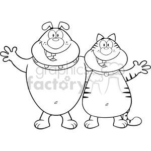 Royalty Free RF Clipart Illustration Black And White Dog And Cat Cartoon Characters Hugging