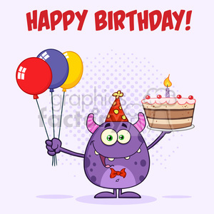 8915 Royalty Free RF Clipart Illustration Cute Monster Holding Up A Colorful Balloons And Birthday Cake Vector Illustration Greeting Card