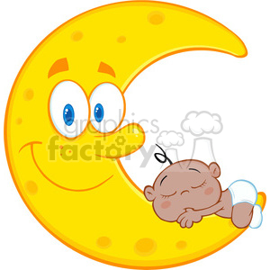 Royalty Free RF Clipart Illustration Cute African American Baby Boy Sleeps On The Smiling Moon Cartoon Characters