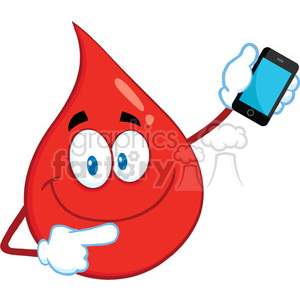 Royalty Free RF Clipart Illustration Smiling Red Blood Drop Cartoon Mascot Character Pointing To A Mobile Phone