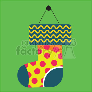 cartoon christmas stocking on green square with christmas trees vector flat design
