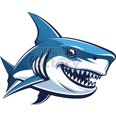 The image is a stylized clipart of a smiling shark. The shark is drawn with exaggerated features such as a large head, a wide smile showing sharp teeth, and prominent fins.