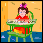 Animated little girl in a red dress sitting in a high chair eating