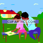 Animated african american father and daughter on a bench drawing