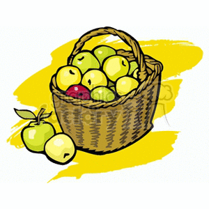 The clipart image shows a wicker basket filled with apples. There is a mix of golden and green apples, with one red apple visible among them. The basket has handles and is set against a yellow brushstroke background. There's also a single green apple with a leaf attached, lying outside of the basket. The apples and the basket give a vibrant representation of agriculture and fruit harvesting themes.