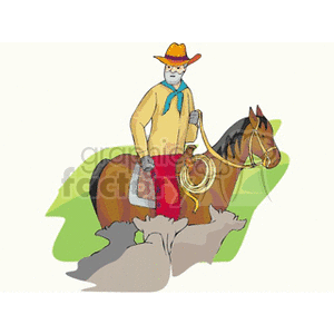 The clipart image depicts a cowboy mounted on a horse holding a rope. The cowboy is wearing a wide-brimmed hat, a bandana, and appears to have a beard. There are also silhouettes of cows or cattle that suggest a herd, possibly on a ranch or farm setting. This signifies a western, agricultural, or ranching theme.