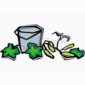 The clipart image depicts several cucumbers, a vegetable commonly grown on vines, positioned near a grey-handled pail or bucket. The cucumbers appear to be freshly picked, which suggests a theme of agriculture or gardening.