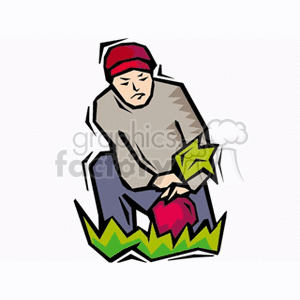 The image is a stylized clipart illustration that features a person engaged in gardening. The person appears to be a farmer or gardener, wearing casual attire with a hat, and they're kneeling on the ground. They are holding a plant, possibly a vegetable such as a beetroot, with leaves visible.