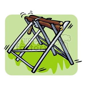The clipart image depicts a sawhorse with two wood logs on top of it, indicating that they are possibly being sawed or prepared to be cut. It is set against a backdrop that could imply an outdoor or camping setting, as suggested by the presence of grass.