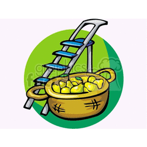 The clipart image shows a basket full of yellow pears with a step ladder leaning against it, suggesting a harvest scene. The basket appears to be set on the ground with a green backdrop highlighting it.