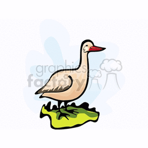 The clipart image depicts a cartoon goose standing on what appears to be a patch of grass or foliage. The goose is drawn in a stylized manner with simple lines and colors, presenting a friendly and approachable character typical of clipart used for various applications such as educational materials, children's content, or themed graphics related to birds or agriculture.