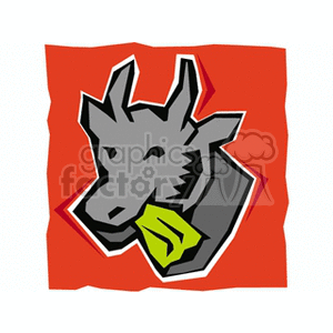 The image is a stylized illustration of a goat's head in a profile view. The goat is grey with a white patch and black outline, depicted against a red background with a wavy orange border. It is chewing on a green leaf, which adds a touch of color and suggests the animal's diet.