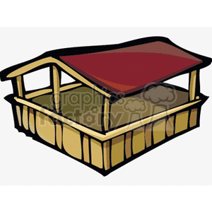 The clipart image depicts a simple cartoon-style representation of an empty farm shed or barn structure. The shed has a red gable roof and appears to be constructed with yellow straw bales or hay bales for walls. It is an open-fronted building commonly used in agriculture to store hay, straw, or equipment.