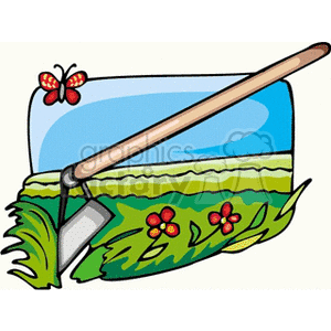 The clipart image displays a garden hoe, which is a tool commonly used in gardening and agriculture, lying across a stylized representation of a landscape. The landscape consists of rolling fields with flowers, and there's a blue sky in the background. A butterfly is perched on the upper left side of the image.