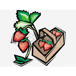 The clipart image shows a collection of ripe, juicy, red strawberries with green leaves. Some of the strawberries are inside a small basket, indicative of a fresh harvest from agriculture or a garden. The fruit looks like fresh produce, ready to be enjoyed or sold.