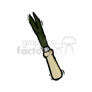 The clipart image shows a gardening tool called a taproot weeder. It consists of a long metal rod with a forked end that is used to remove taproot weeds from the soil. The user inserts the forked end into the ground around the weed and leverages it out of the soil.
