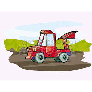 The image shows a stylized red tractor, commonly used in agricultural settings for various tasks related to farming. It is depicted against a backdrop that suggests a farm environment, with some green foliage and a light blue sky.