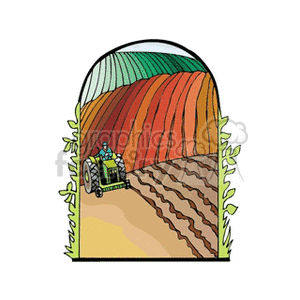 The clipart image shows a green tractor in action on a farm field. The soil is displayed in rows indicating recent plowing or cultivation, and the field appears to be segmented into different colored sections, suggesting different crops or stages of field preparation. The edges of the image frame are embellished with leaf motifs, giving it a nature-themed border.