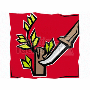 The clipart image features a stylized representation of a tree branch with several green leaves growing from its sides. Adjacent to the branch is a knife with what appears to be a wooden handle, positioned as if it's about to cut or has just cut the branch. The background is a solid red color with a rough edge, giving the impression of a torn piece of paper or fabric.