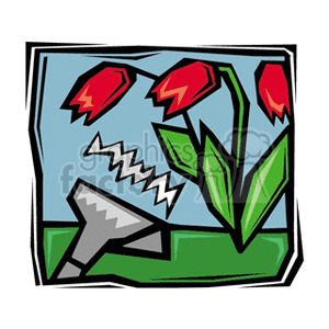 The clipart image displays a stylized representation of red tulip flowers with green stems and leaves. The background is blue, suggesting sky, and there is a grey watering can at the bottom, indicating the act of gardening or agriculture.
