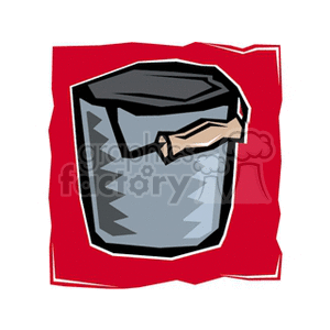 The image is a stylized clipart of a gray metal bucket with a wooden handle. The background features a loosely drawn red border.