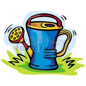 The clipart image shows a blue watering can with a yellow top and handle sitting on green grass. The watering can appears to be full of water, indicated by the water surface shown near the top rim, and has a spout with a yellow shower head for sprinkling water.