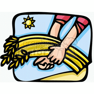 The clipart image shows a stylized illustration of a pair of hands gathering wheat stalks. There's a depiction of the sun in the corner, indicating it might be a sunny day, which is typical for a harvest scene. The image encapsulates themes of agriculture, harvesting, and farming.