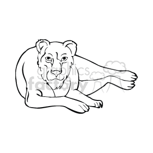 The image is a cartoon of a female lion (lioness) lying on the ground. She is looking towards you in a relaxed fashion.