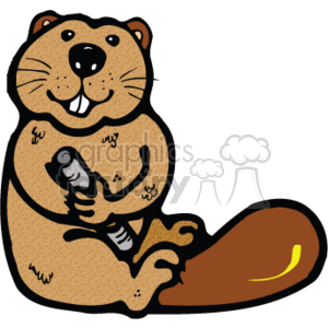 The clipart image shows a cartoon beaver sitting upright on its hind legs with its front paws resting on its belly and its tail between its legs. The beaver is facing forward and has a friendly expression on its face. It has two large front teeth visible in its mouth.
