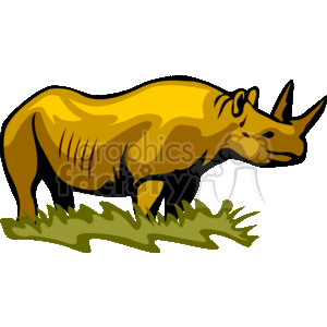 The clipart image shows an African rhinoceros, also known as a rhino. It is a large animal with thick skin, two horns on its snout, and a short tail. The rhino is standing facing the left side of the image, and its head is slightly lowered.
