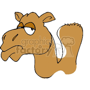 The image depicts a cartoon representation of a camel. The camel is stylized with a simplistic design primarily in a tan or light brown color, featuring one visible hump suggesting it may be depicting a dromedary, which is commonly found in African deserts. The camel has a somewhat sullen or unamused expression.