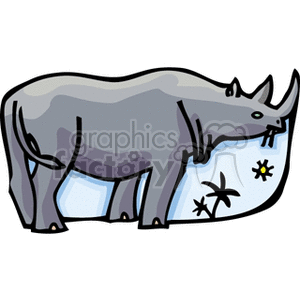 The image is a stylized, cartoon-like clipart of a rhinoceros. The rhino appears in profile and is colored with shades of grey and purple, showing a simplistic body shape and outline. There are two distinct horns on its nose, typical of rhinos. In the backdrop, there's an abstract representation of grass or foliage with simple flower-like and star-like shapes drawn in black and yellow.