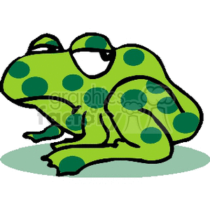 This clipart image features a stylized cartoon frog with a relaxed or apathetic expression, wearing sunglasses. The frog is predominantly green with darker green spots over its body, suggesting a spotted amphibian, and it is sitting on a small patch of what may represent water or ground.