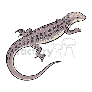 This clipart image features a stylized illustration of a lizard. It has a patterned body with spots and a long, curved tail. The lizard's coloration consists of shades of gray with darker patches, and it has four legs with noticeable digits.