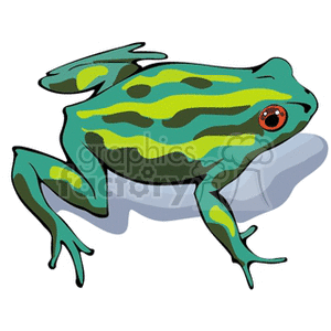 The image is a clipart illustration of a green frog with distinctive red eyes and lighter green/yellowish stripes or patterns on its body, representing a colorful amphibian commonly found in a tree habitat.