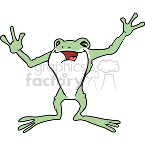 The clipart image features a cartoon representation of a green frog standing upright on its hind legs with both arms raised in a joyful or excited gesture. The frog has a wide-open mouth, appearing to be happy or singing.